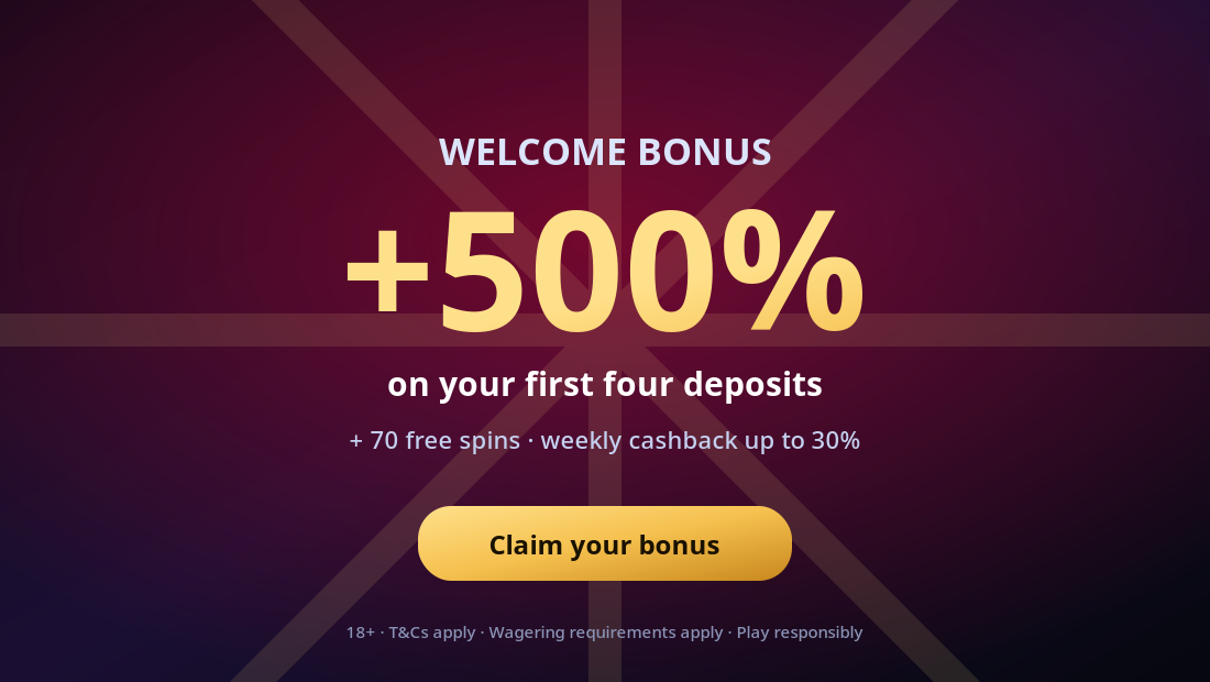 1win welcome bonus banner showing +500% across the first four deposits, 70 free spins and up to 30% weekly cashback